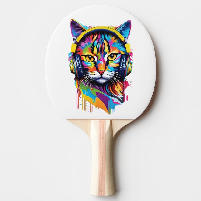 Cat in headphones ping pong paddle (Front)