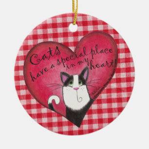 Cat in Heart on Red & White Gingham Ceramic Tree Decoration