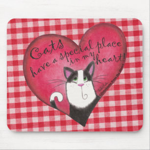 Cat in Heart on Red & White Gingham Mouse Mat