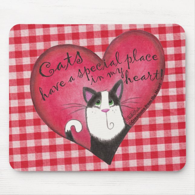 Cat in Heart on Red & White Gingham Mouse Mat (Front)