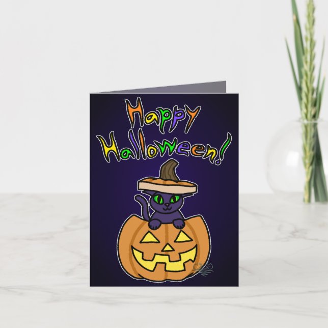 Cat in Jack-o'-Lantern Halloween Card (Front)