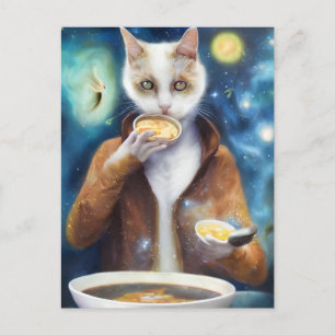 Cat in jumpsuit eating soup  AI generated art Postcard