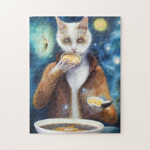 Cat in jumpsuit eating soup made out of galaxies jigsaw puzzle
