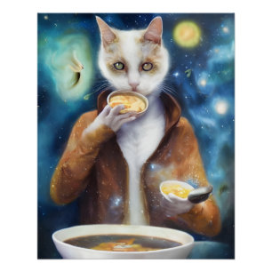 Cat in jumpsuit eating soup made out of galaxies p poster