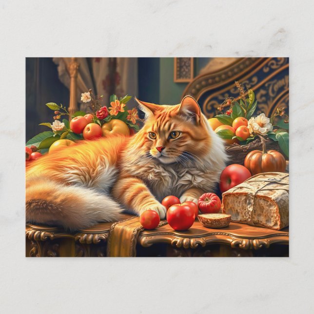 Cat in Lush Fruit and Flower Arrangement Postcard (Front)