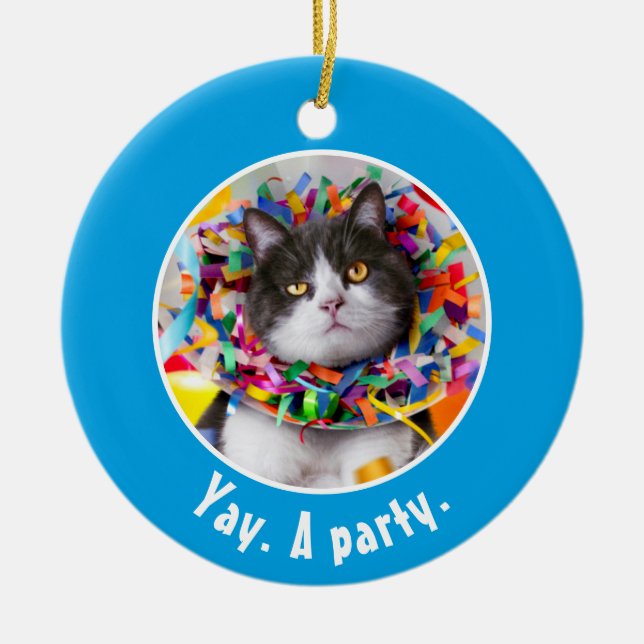 Cat In Party Cone Ceramic Tree Decoration (Front)