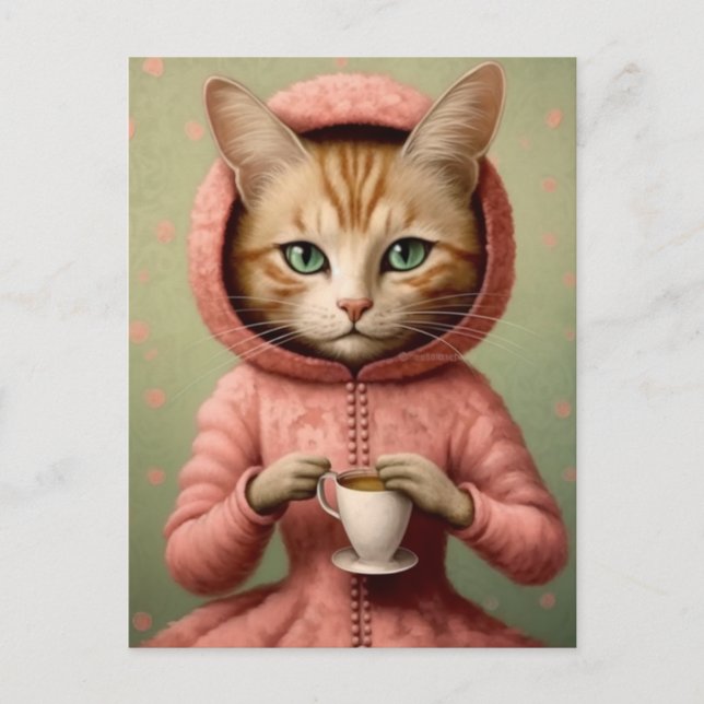 Cat in Pink Coat With a Coffee Postcard (Front)
