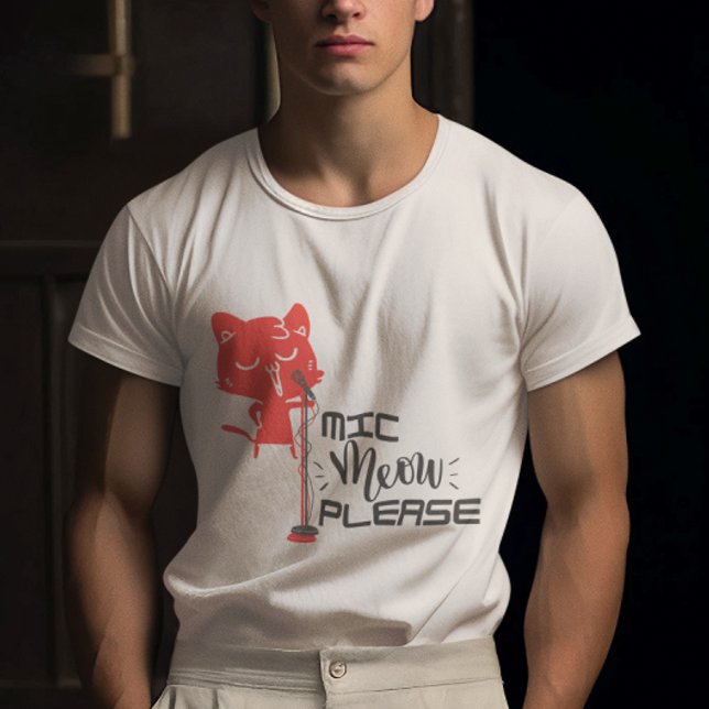 Cat in Pink colour holding grey Mic Meow Please T-Shirt (Creator Uploaded)