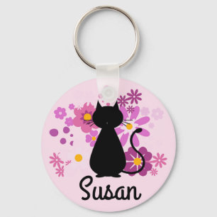 Cat in Pink Flowers Key Ring