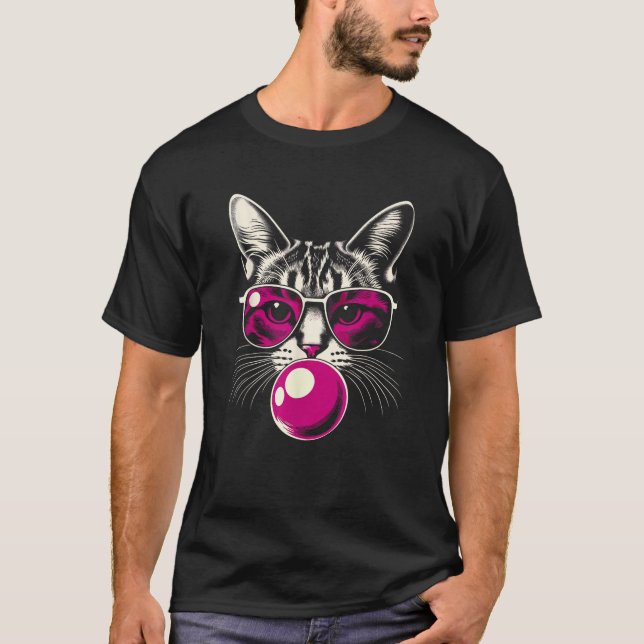 Cat in Pink Glasses Pink Bubble Men Women Kids Fun T-Shirt (Front)