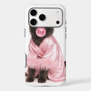 Cat in Pink Robe with Hair Curlers and Bubblegum
