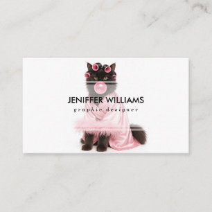 Cat in Pink Robe with Hair Curlers and Bubblegum Business Card