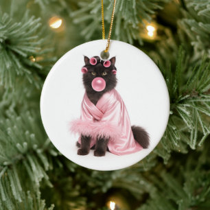 Cat in Pink Robe with Hair Curlers and Bubblegum Ceramic Tree Decoration