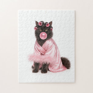 Cat in Pink Robe with Hair Curlers and Bubblegum Jigsaw Puzzle