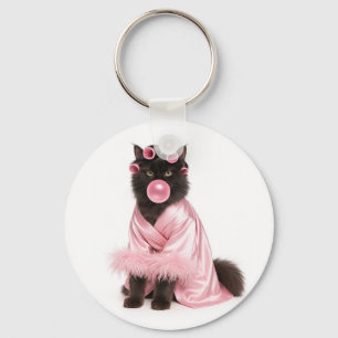 Cat in Pink Robe with Hair Curlers and Bubblegum Key Ring