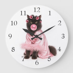 Cat in Pink Robe with Hair Curlers and Bubblegum Large Clock
