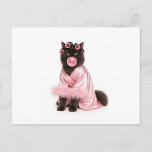 Cat in Pink Robe with Hair Curlers and Bubblegum   Postcard