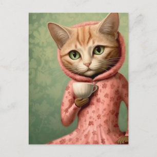 Cat in Pink With a Coffee Postcard