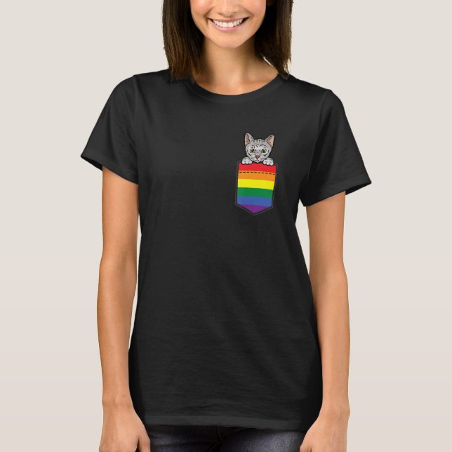 Cat In Pocket Gay Pride LGBT-Q Rainbow Flag Funny  T-Shirt (Front)