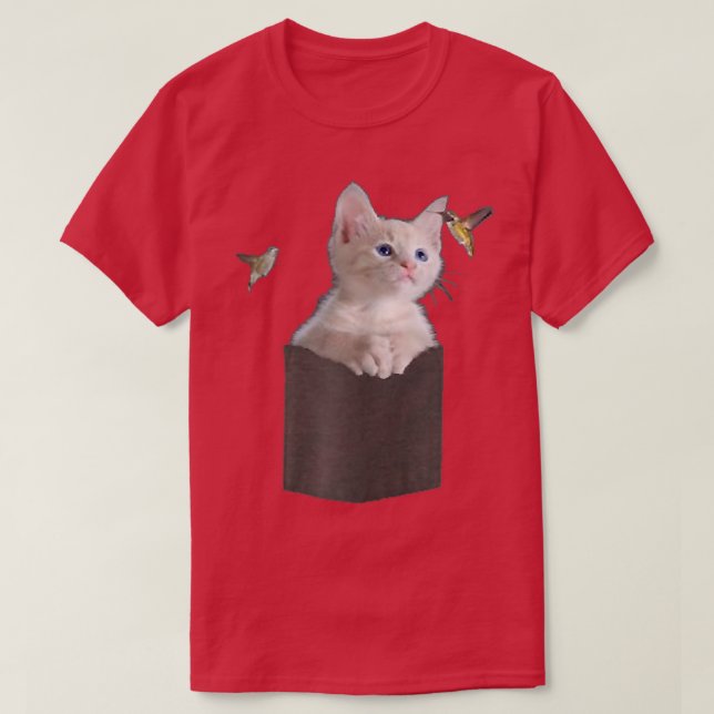Cat in Pocket Staring at Hummingbirds Blue Eyes Wh T-Shirt (Design Front)