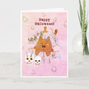 Cat in Pumpkin Candy Corn Skull Kids Halloween Card
