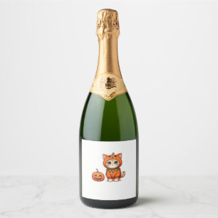 Cat in Pumpkin Costume for Halloween Sparkling Wine Label