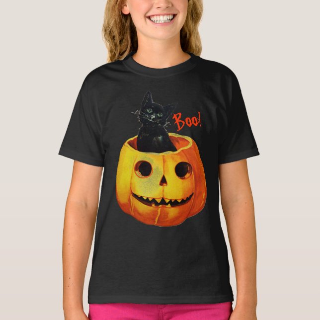 Cat in Pumpkin Halloween T-Shirt (Front)