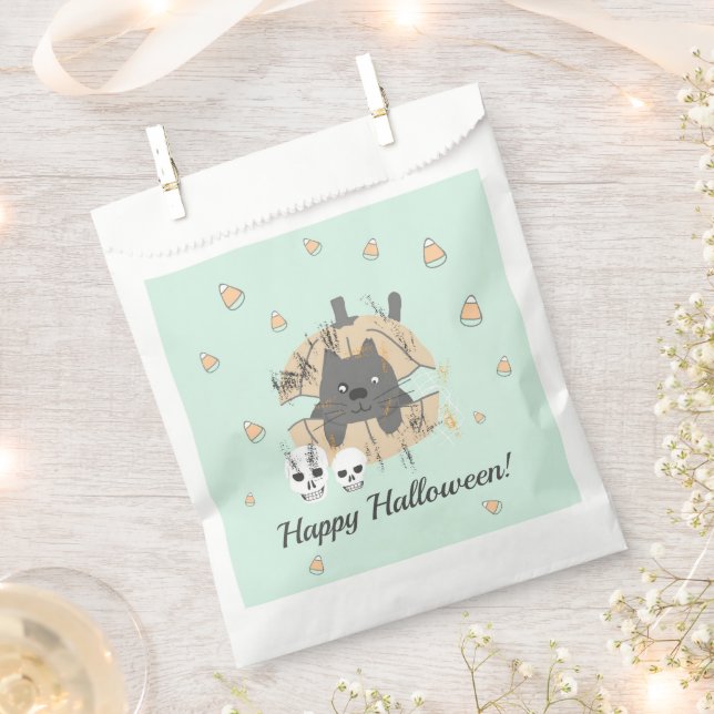 Cat in Pumpkin Skull Candy Corn Kids Halloween Favour Bags (Clipped)