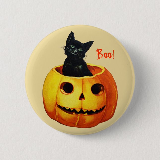 Cat in Pumpkin Vintage Halloween Button (Front)