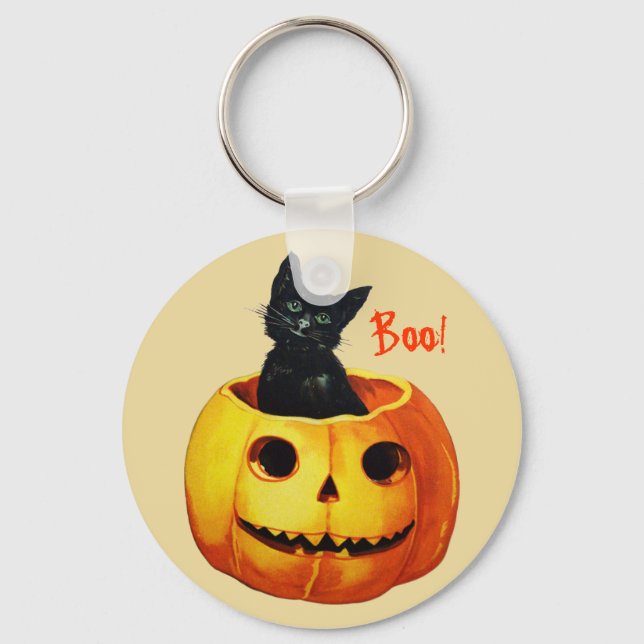 Cat in Pumpkin Vintage Halloween Keychain (Front)