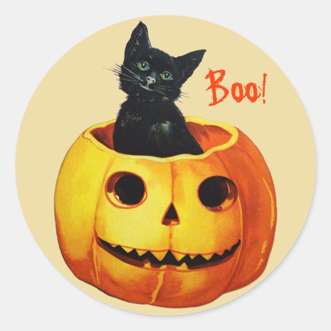 Cat in Pumpkin Vintage Halloween Stickers (Front)