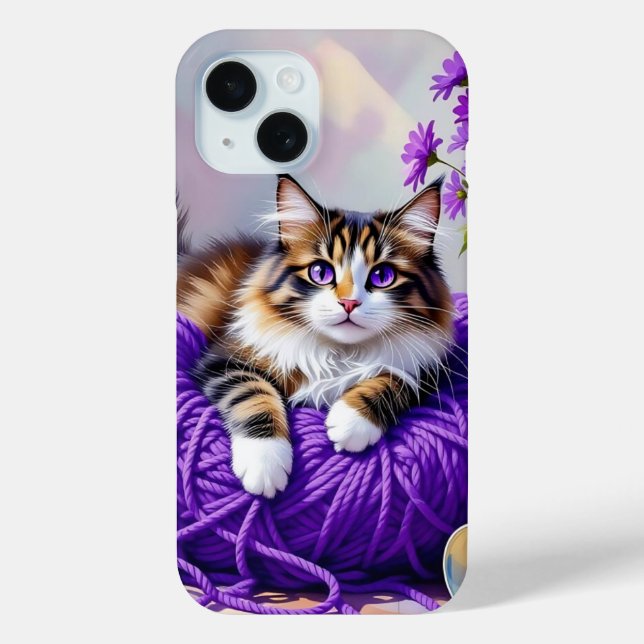 Cat  in Purple Yarn and Flowers   Case-Mate iPhone Case (Back)