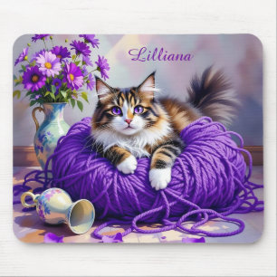 Cat in Purple Yarn and Flowers Personalized Mouse Mat