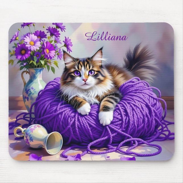 Cat  in Purple Yarn and Flowers Personalized Mouse Mat (Front)