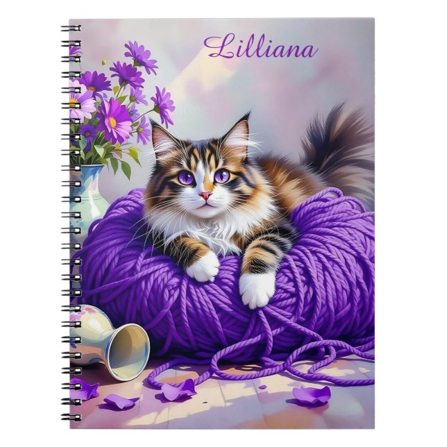 Cat  in Purple Yarn and Flowers Personalized Notebook (Front)