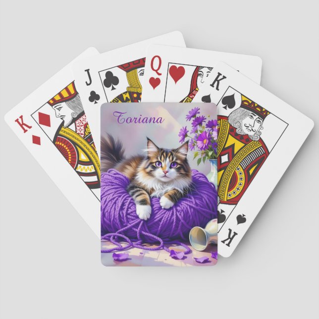 Cat  in Purple Yarn and Flowers   Playing Cards (Back)