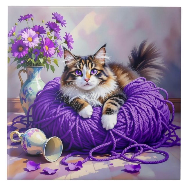 Cat  in Purple Yarn and Flowers   Tile (Front)