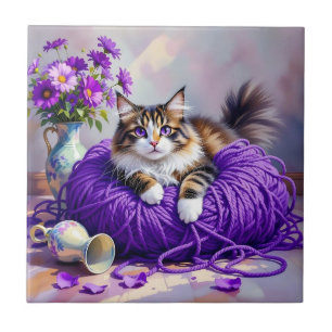 Cat in Purple Yarn and Flowers Tile