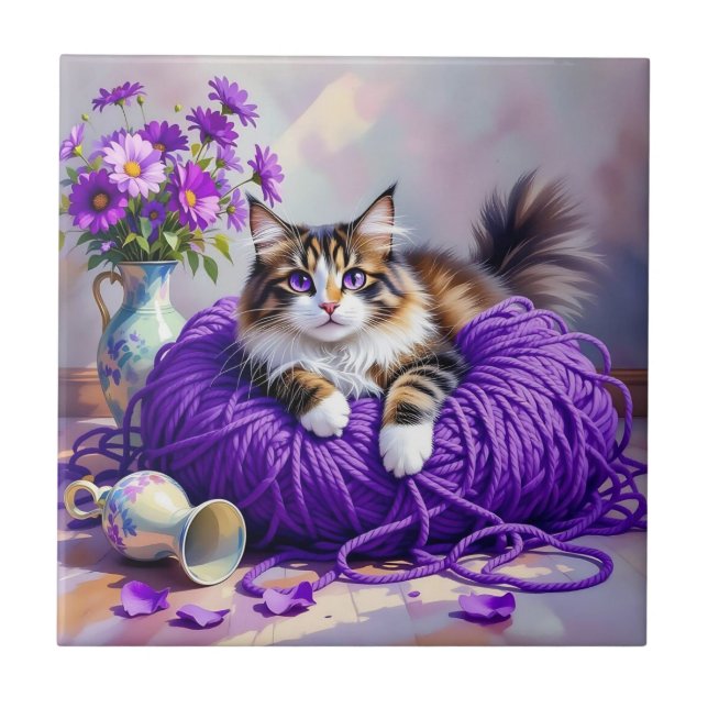 Cat  in Purple Yarn and Flowers   Tile (Front)