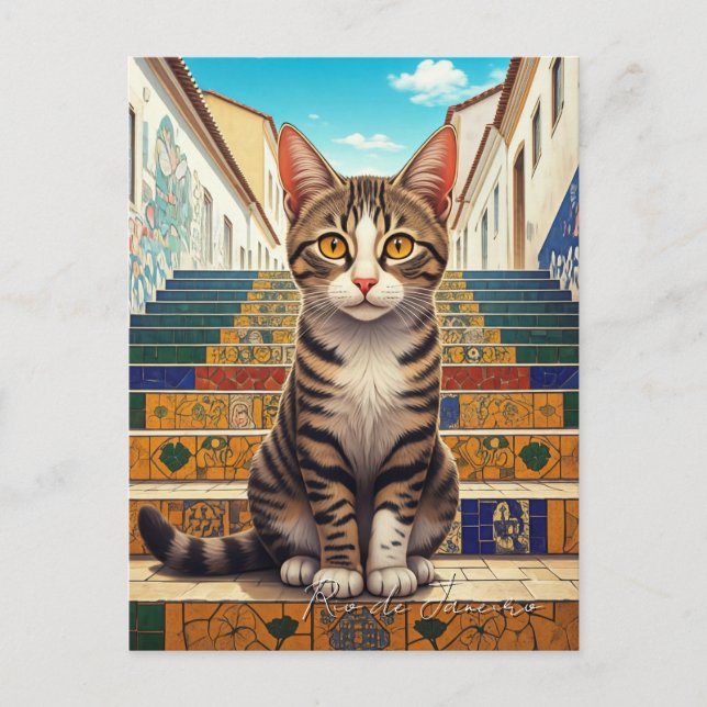 Cat in Rio de Janeiro Lapa Escadaria Selaron Steps Postcard (Front)