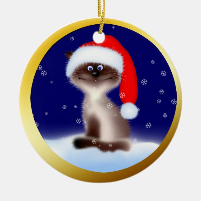Cat in Santa Hat Ceramic Tree Decoration (Front)