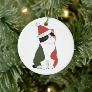 Cat in Santa Hat – Cute Holiday Illustration Ceramic Tree Decoration