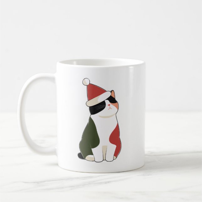 Cat in Santa Hat – Cute Holiday Illustration Coffee Mug (Left)