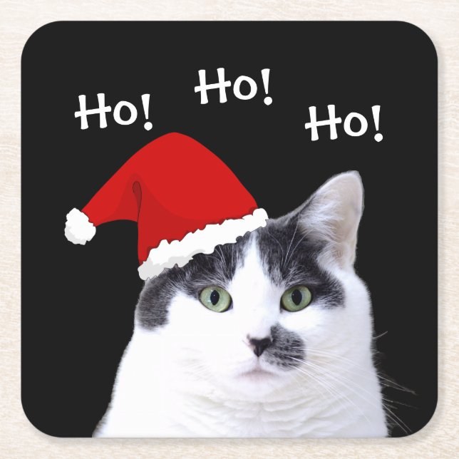 Cat in Santa Hat Square Paper Coaster (Front)