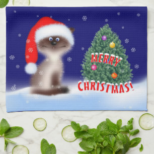 Cat in Santa Hat Tea Towel