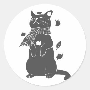Cat in scarf prepares for winter-Choose back color Classic Round Sticker