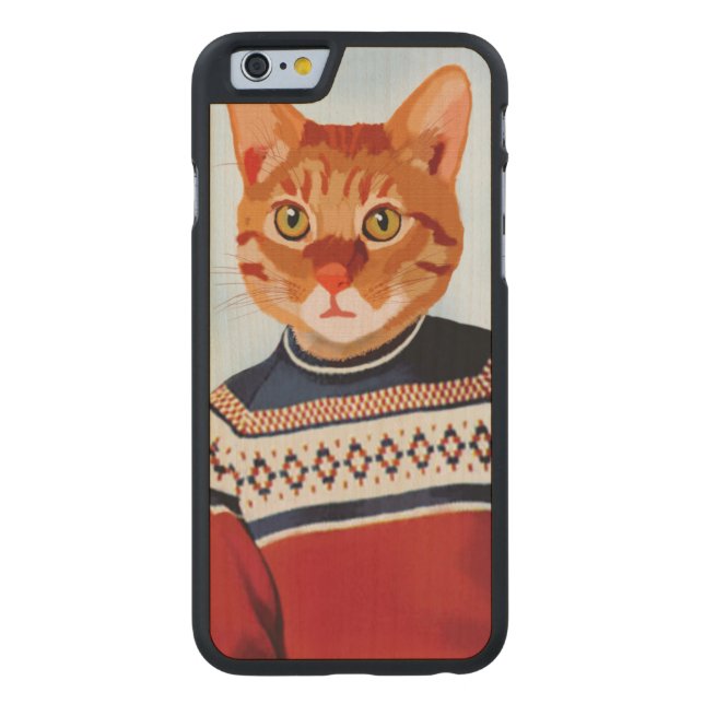 Cat in Ski Sweater Carved Wood iPhone Case (Back)