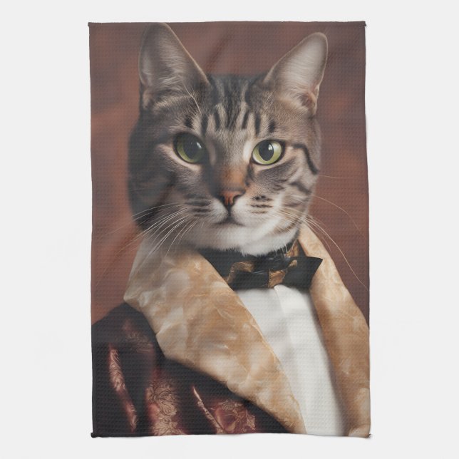 Cat in Smoking Jacket Tea Towel (Vertical)