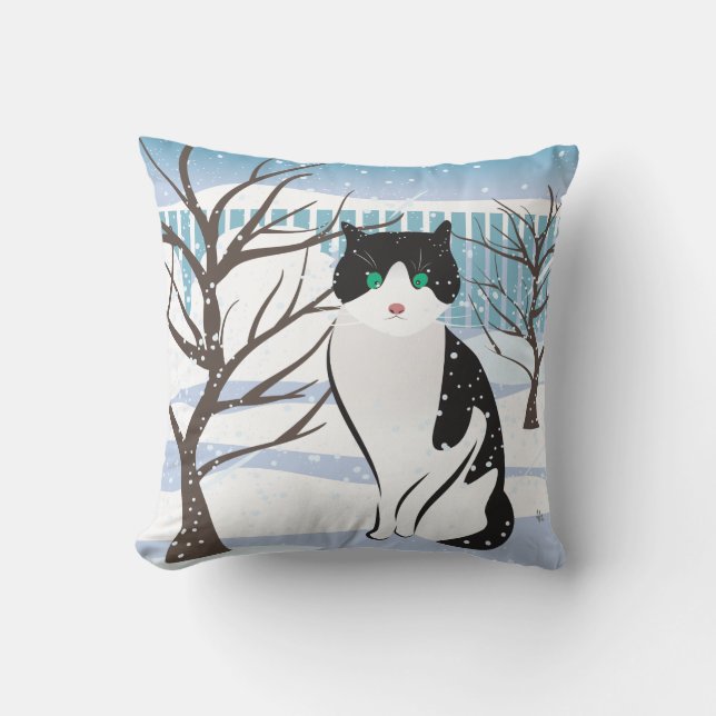 Cat in Snow (Ice) Throw Pillow (Front)