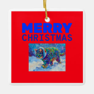 Cat in Snow Wearing Ear Muffs Ceramic Ornament